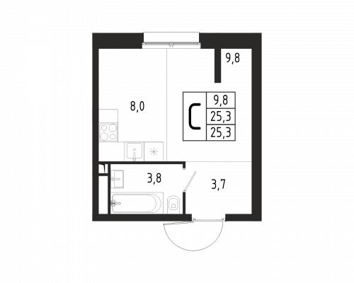 Студия, 25.3 м²