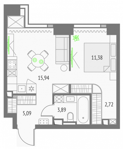 Студия, 39.02 м²