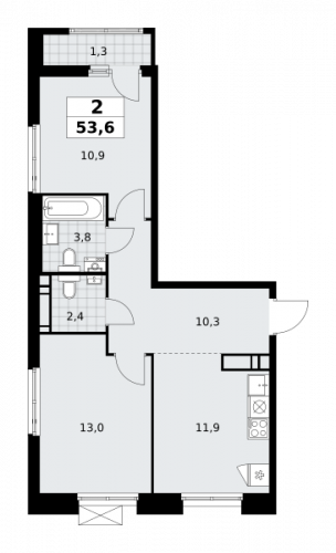2-комнатная, 53.6 м²