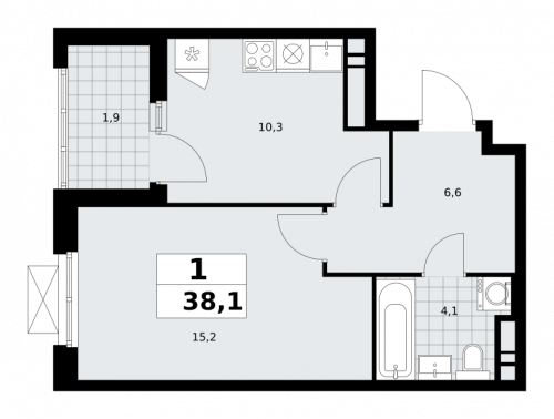 1-комнатная, 38.1 м²