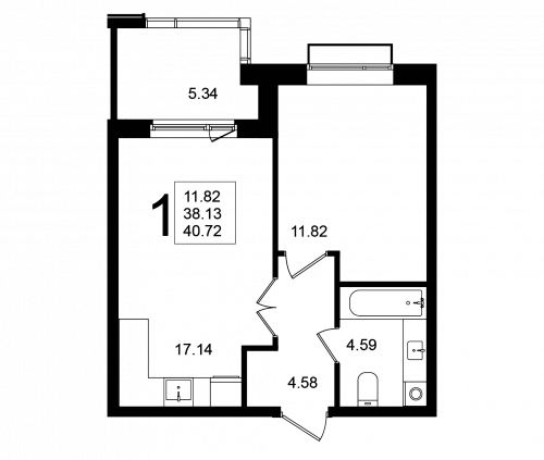 1-комнатная, квартира, 40.72 м²