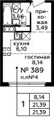 1-комнатная квартира 21,39 м²