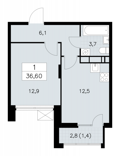 1-комнатная, 36.6 м²