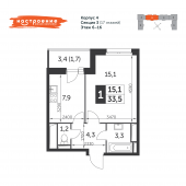 1-комнатная квартира 33,5 м²