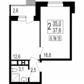 1-комнатная квартира 35 м²
