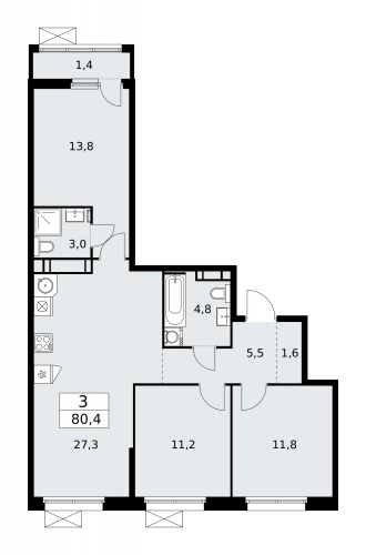3-комнатная, 80.4 м²