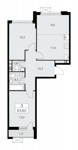 3-комнатная, 63.6 м²