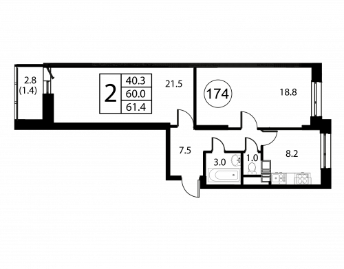 2-комнатная, квартира, 61.4 м²