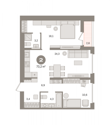 2-комнатная, квартира, 73.2 м²