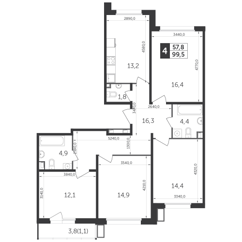 Многокомнатная, квартира, 99.4 м²