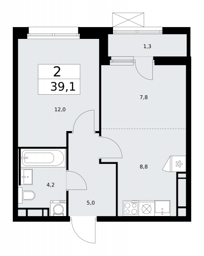 2-комнатная, 39.1 м²