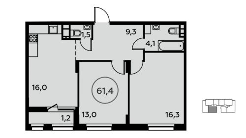 2-комнатная, 61.4 м²