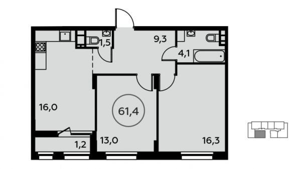 2 комнаты до 61.4