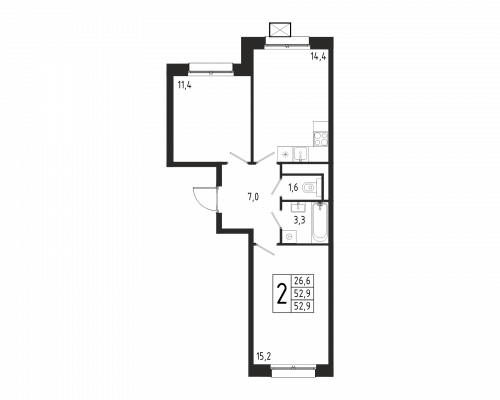 2-комнатная, квартира, 52.9 м²