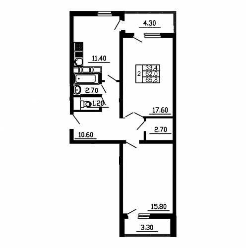 2-комнатная, квартира, 65.8 м²
