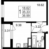 1-комнатная квартира 36,99 м²