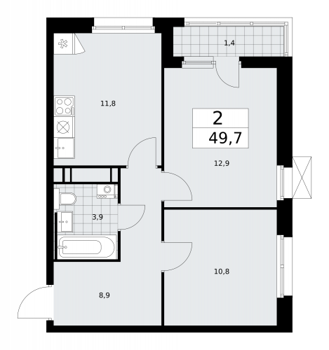 2-комнатная, 49.7 м²