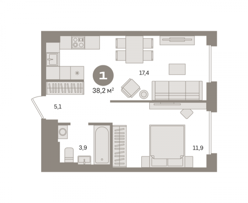 1-комнатная, квартира, 38.2 м²