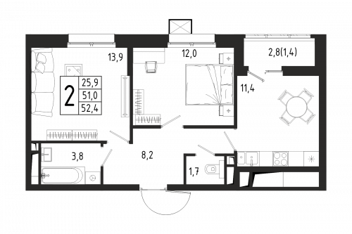 2-комнатная, квартира, 52.4 м²