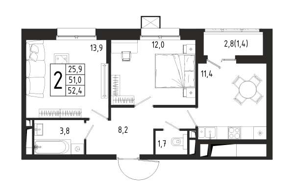 2 комнаты до 52.4