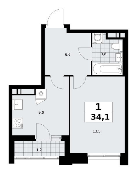 1-комнатная квартира №58К-7.1.2-324, 34,1 м² за 13,15 млн руб. в ЖК «Прокшино» - планировка