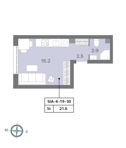 Студия, 21.9 м²
