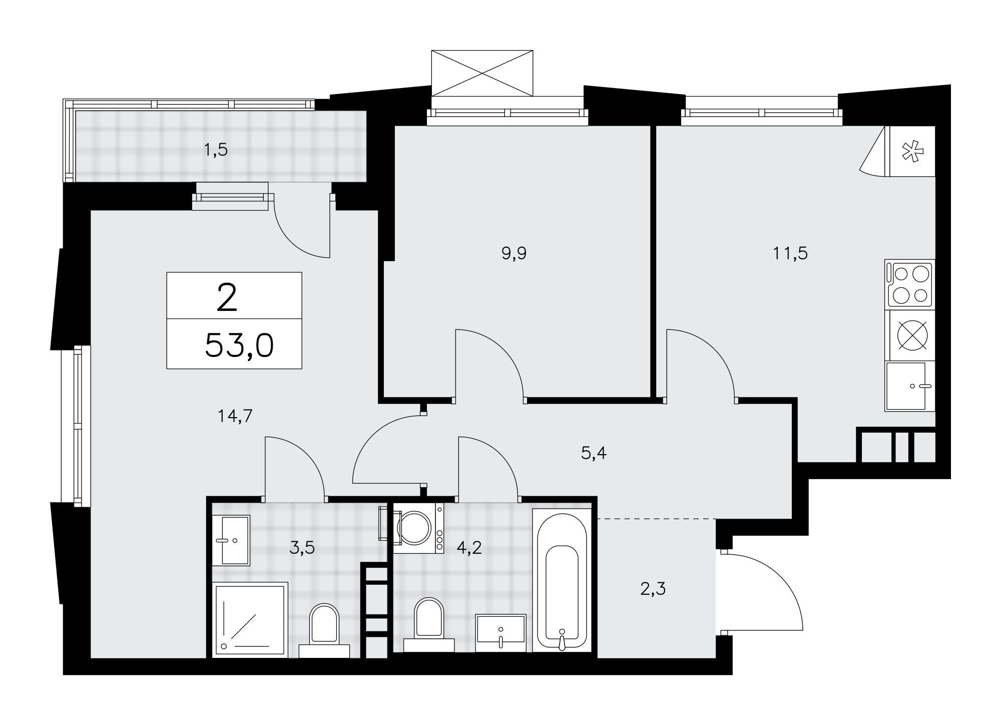 2-комнатная квартира №58К-11.1.3-385, 53,0 м² за 18,58 млн руб. в ЖК «Прокшино» - планировка