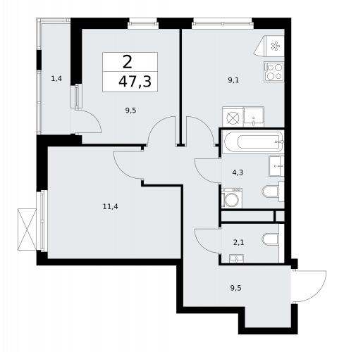 2-комнатная, 47.3 м²
