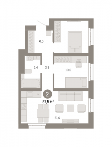 2-комнатная, квартира, 57.5 м²
