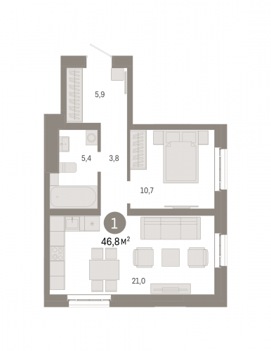 1-комнатная, квартира, 46.8 м²