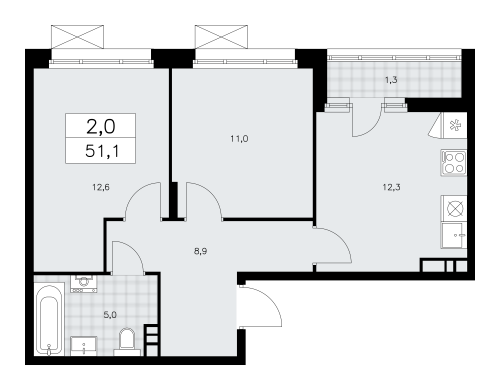 2-комнатная, 51.1 м²
