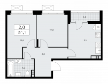2-комнатная квартира 51,1 м²