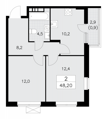 2-комнатная, 48.2 м²