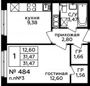1-комнатная квартира 31,47 м²