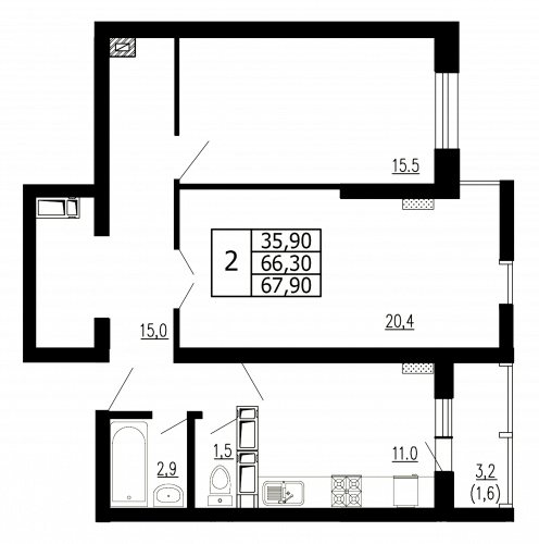 2-комнатная, квартира, 67.9 м²