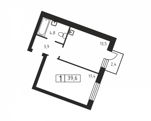 1-комнатная, 39.6 м²