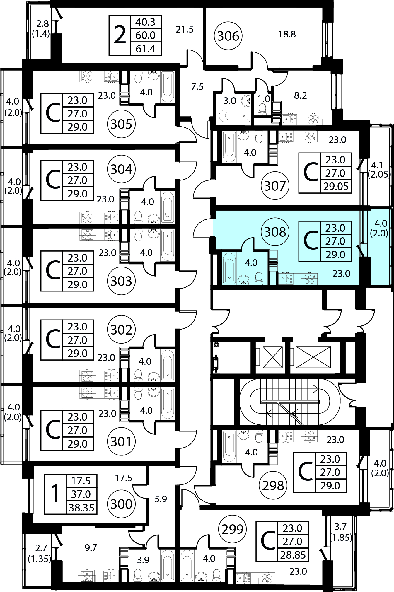 Квартира-студия №308, 29,0 м² за 5,19 млн руб. в ЖК «Космос» - планировка