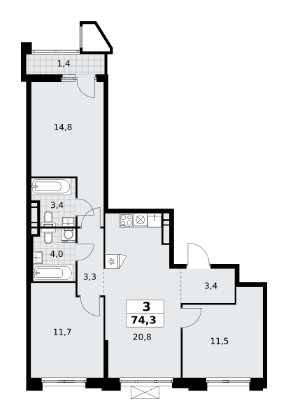 3-комнатная квартира №58К-7.1.1-169, 74,3 м² за 18,96 млн руб. в ЖК «Прокшино» - планировка