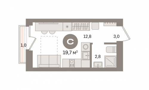 Студия, 19.67 м²