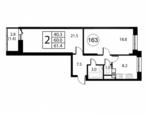 2-комнатная, квартира, 61.4 м²