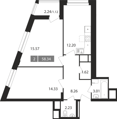2-комнатная, квартира, 58.34 м²
