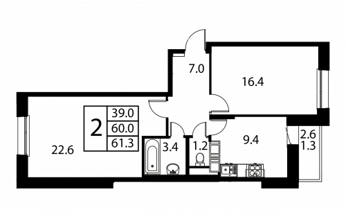 2-комнатная, квартира, 61.3 м²