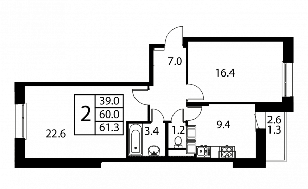 2 комнаты до 61.3