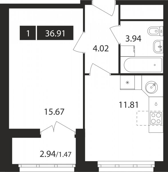 1 комната до 36.91
