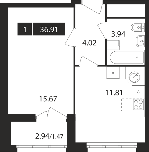 1-комнатная, квартира, 36.91 м²