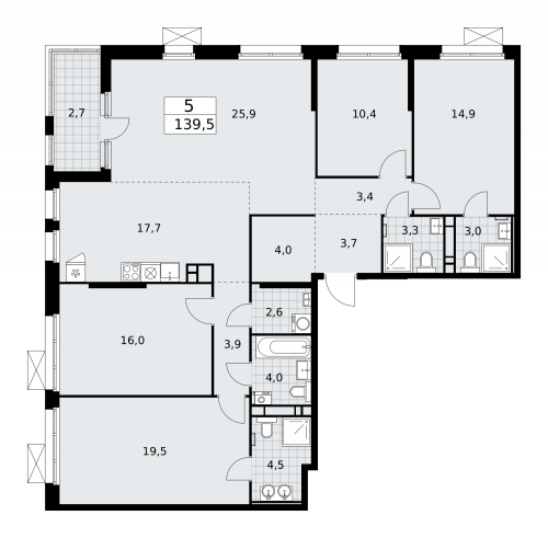 Многокомнатная, 139.5 м²