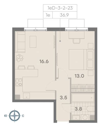 1-комнатная, квартира, 36.9 м²
