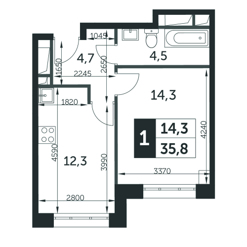 1-комнатная, квартира, 35.8 м²