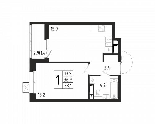1-комнатная, квартира, 38.1 м²