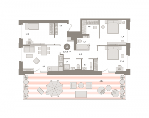 3-комнатная, квартира, 135.56 м²